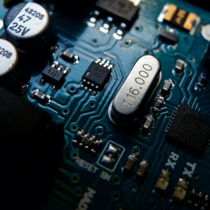 Close-up view of packaged electronic components on a circuit board