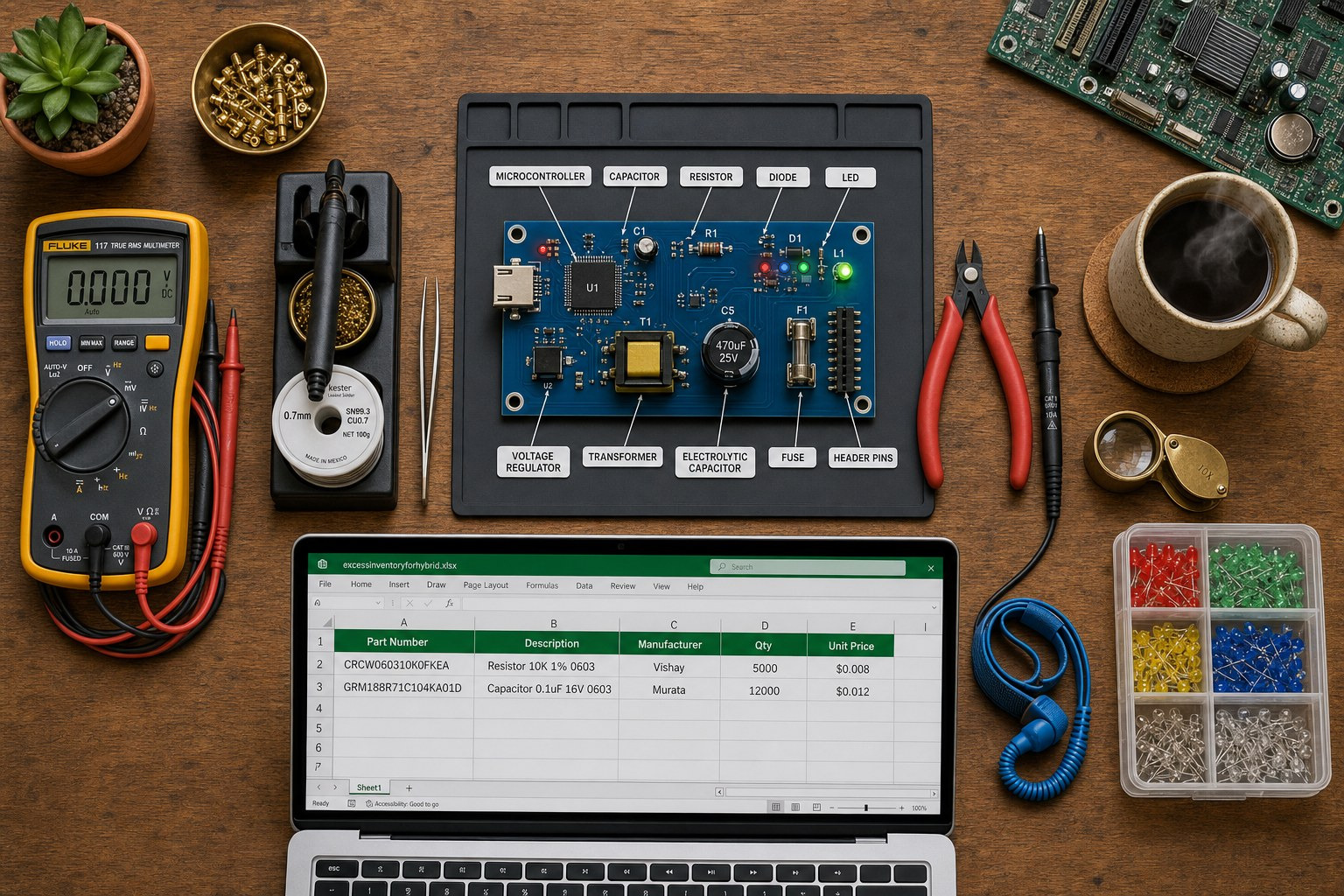 Electronic components and testing tools on an electronics workbench