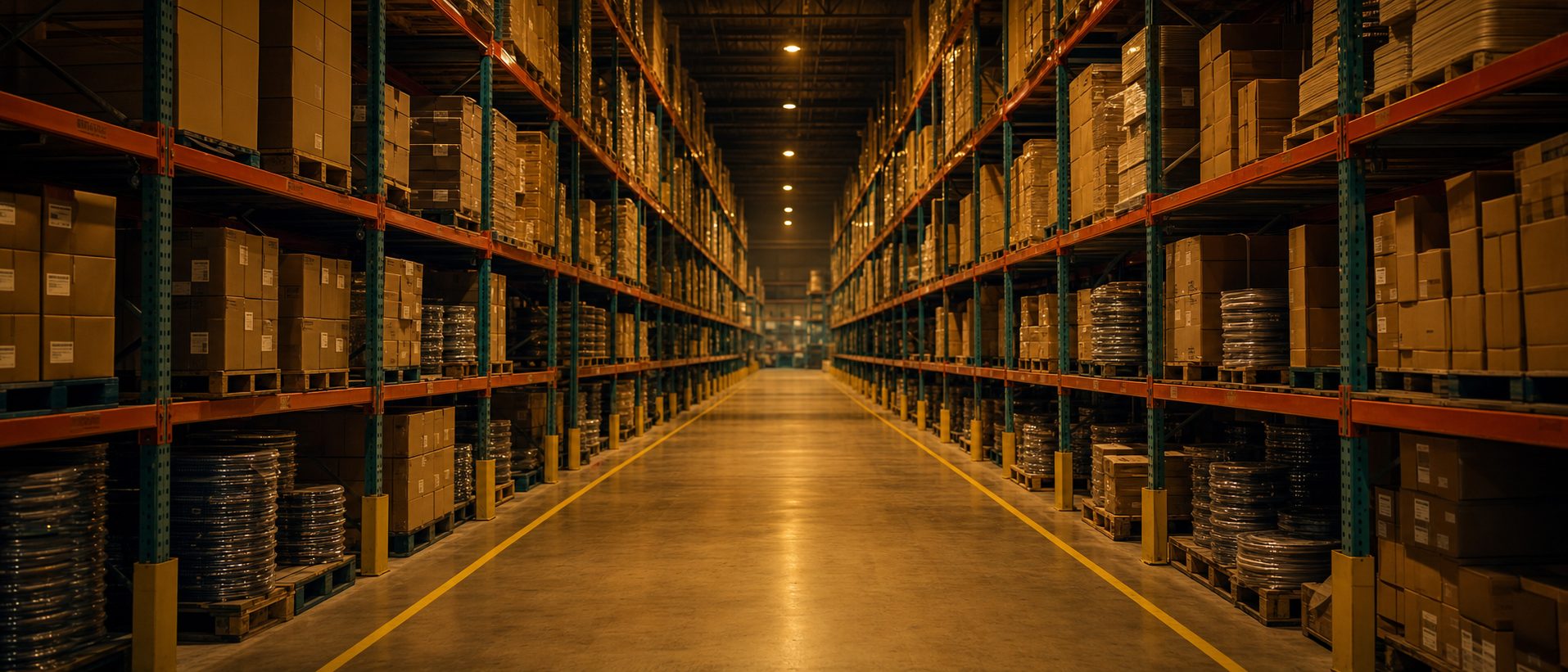 Rows of component inventory in a warehouse